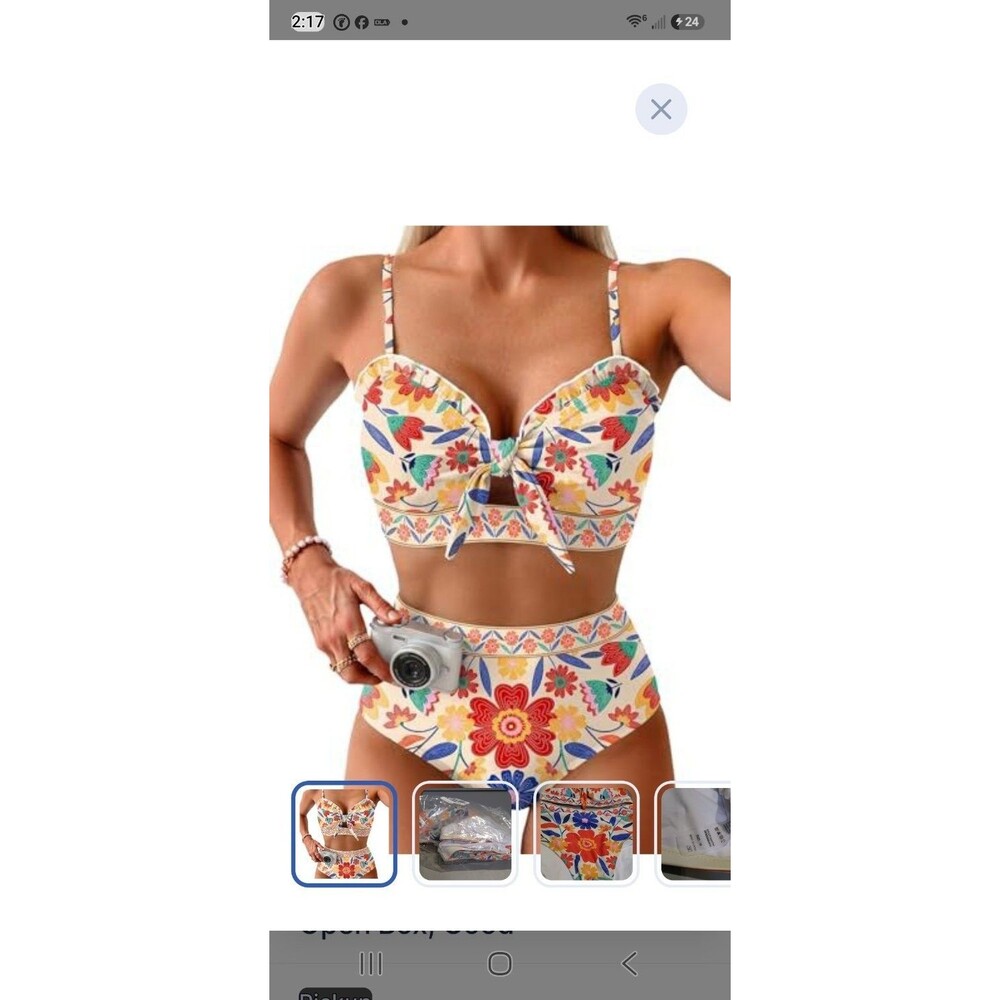 Bikini Set M Multicolor Floral Womens Ruffle Trim Tie Front